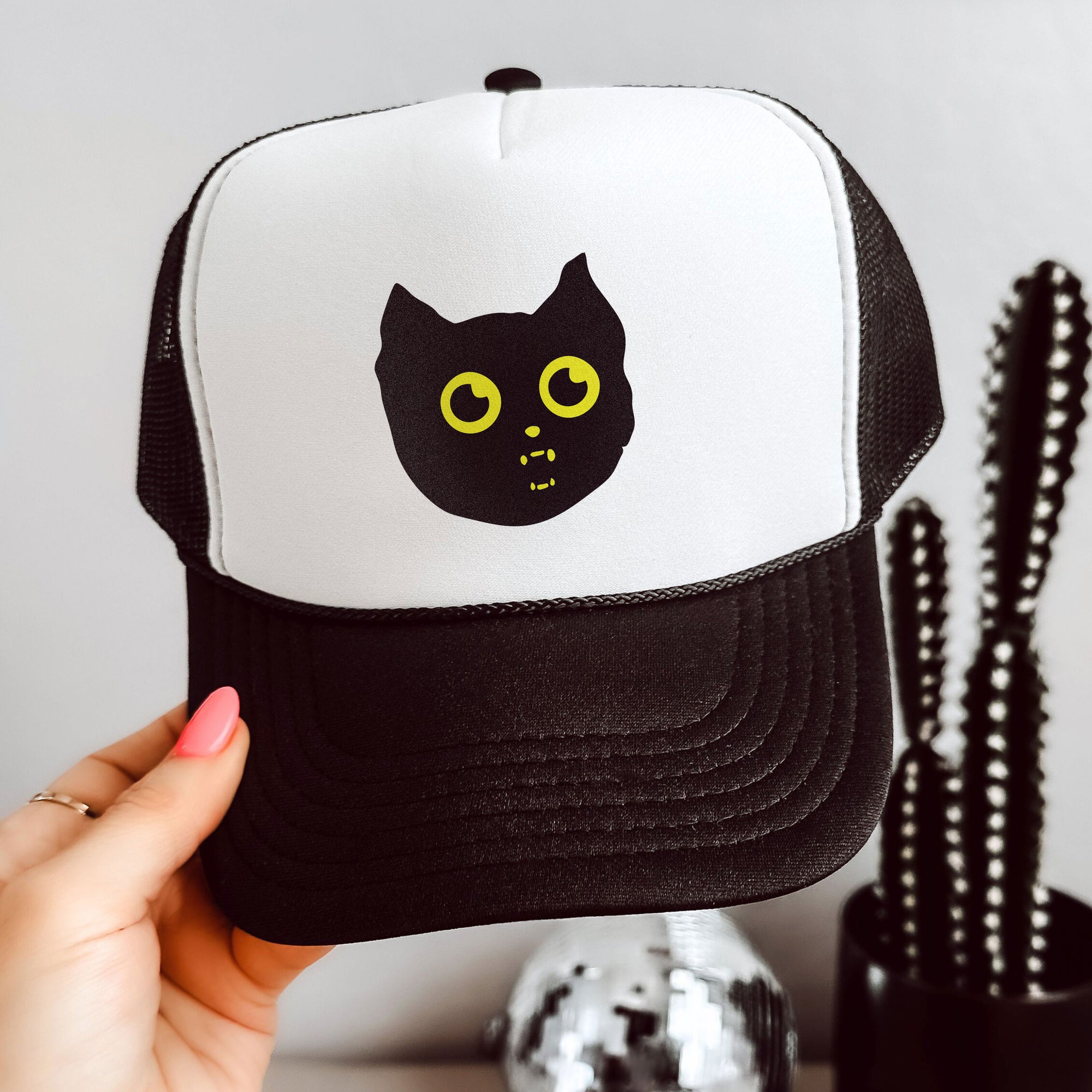 Spooky Black Cat Face Trucker