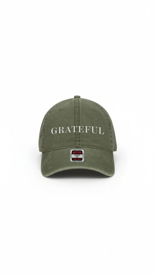"GRATEFUL" Embroidered Classic Dad Hat: Adjustable Low-Profile Cap (Olive Green Pigment Dyed)