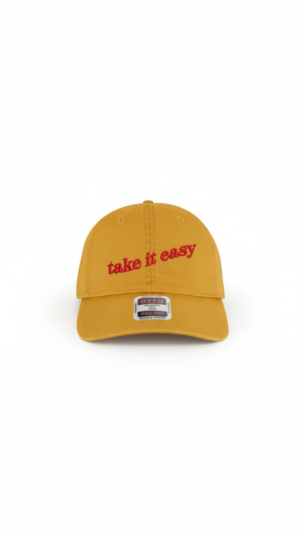 Mustard "Take It Easy" Dad Hat: Classic Hat with Wavy Red Embroidery