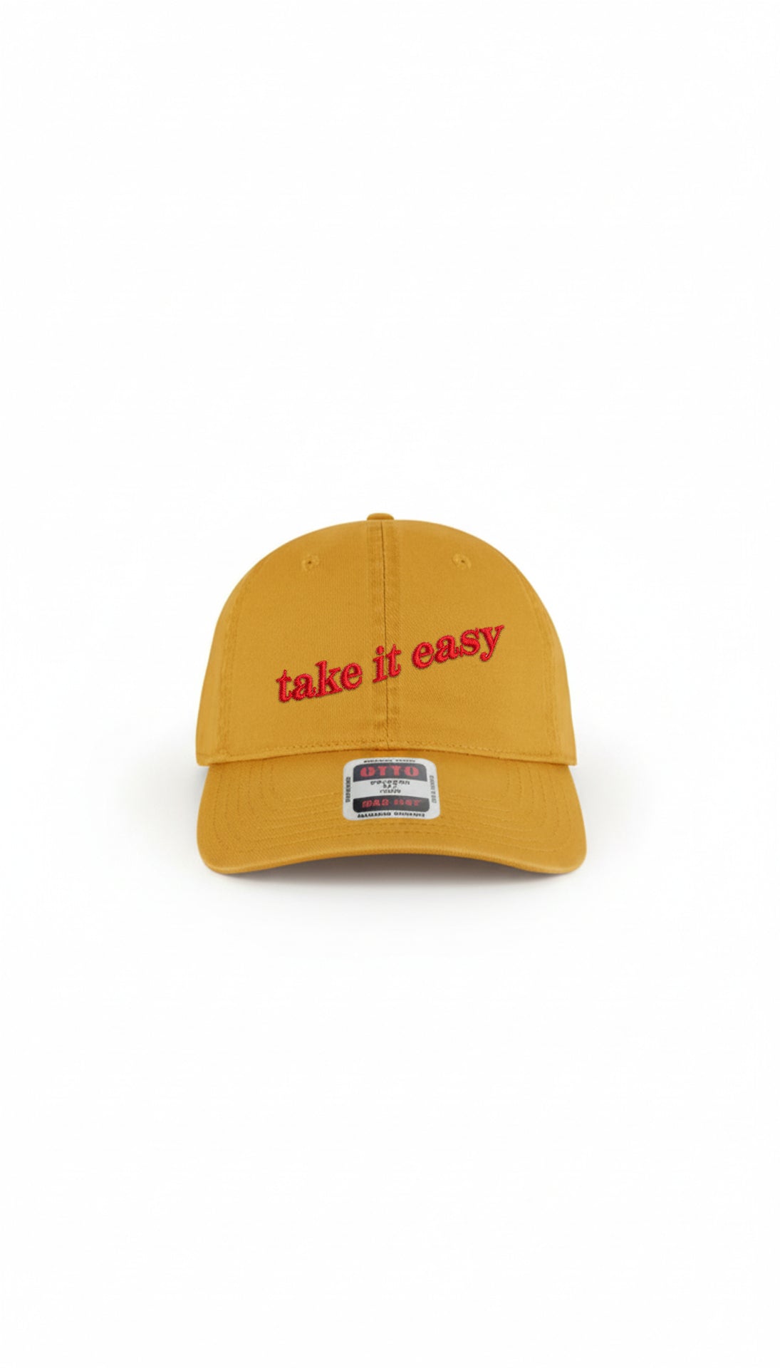 Mustard "Take It Easy" Dad Hat: Classic Hat with Wavy Red Embroidery