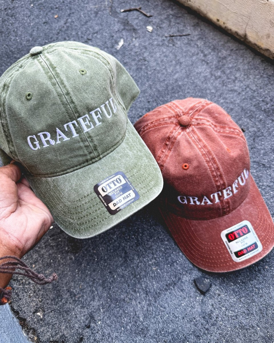 "GRATEFUL" Embroidered Classic Dad Hat: Adjustable Low - Profile Cap (Olive Green Pigment Dyed) - The Cap Lovers Club