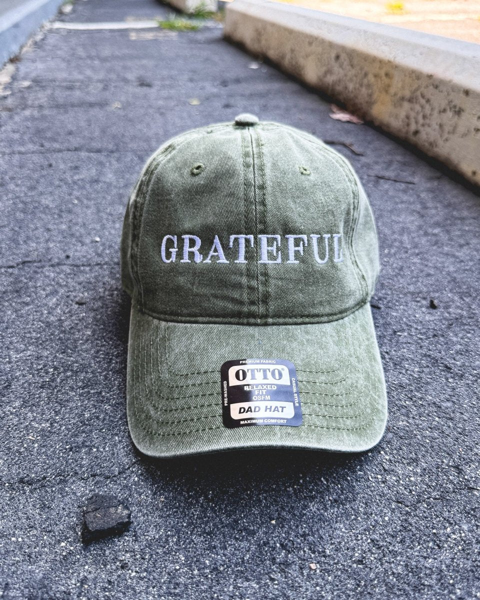 "GRATEFUL" Embroidered Classic Dad Hat: Adjustable Low - Profile Cap (Olive Green Pigment Dyed) - The Cap Lovers Club
