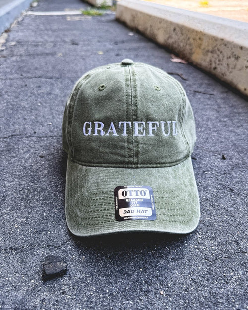 "GRATEFUL" Embroidered Classic Dad Hat: Adjustable Low - Profile Cap (Olive Green Pigment Dyed) - The Cap Lovers Club