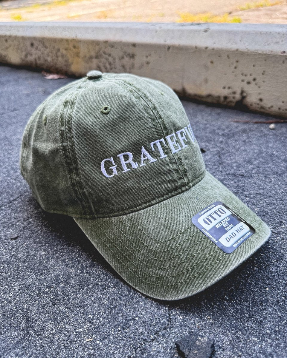 "GRATEFUL" Embroidered Classic Dad Hat: Adjustable Low - Profile Cap (Olive Green Pigment Dyed) - The Cap Lovers Club