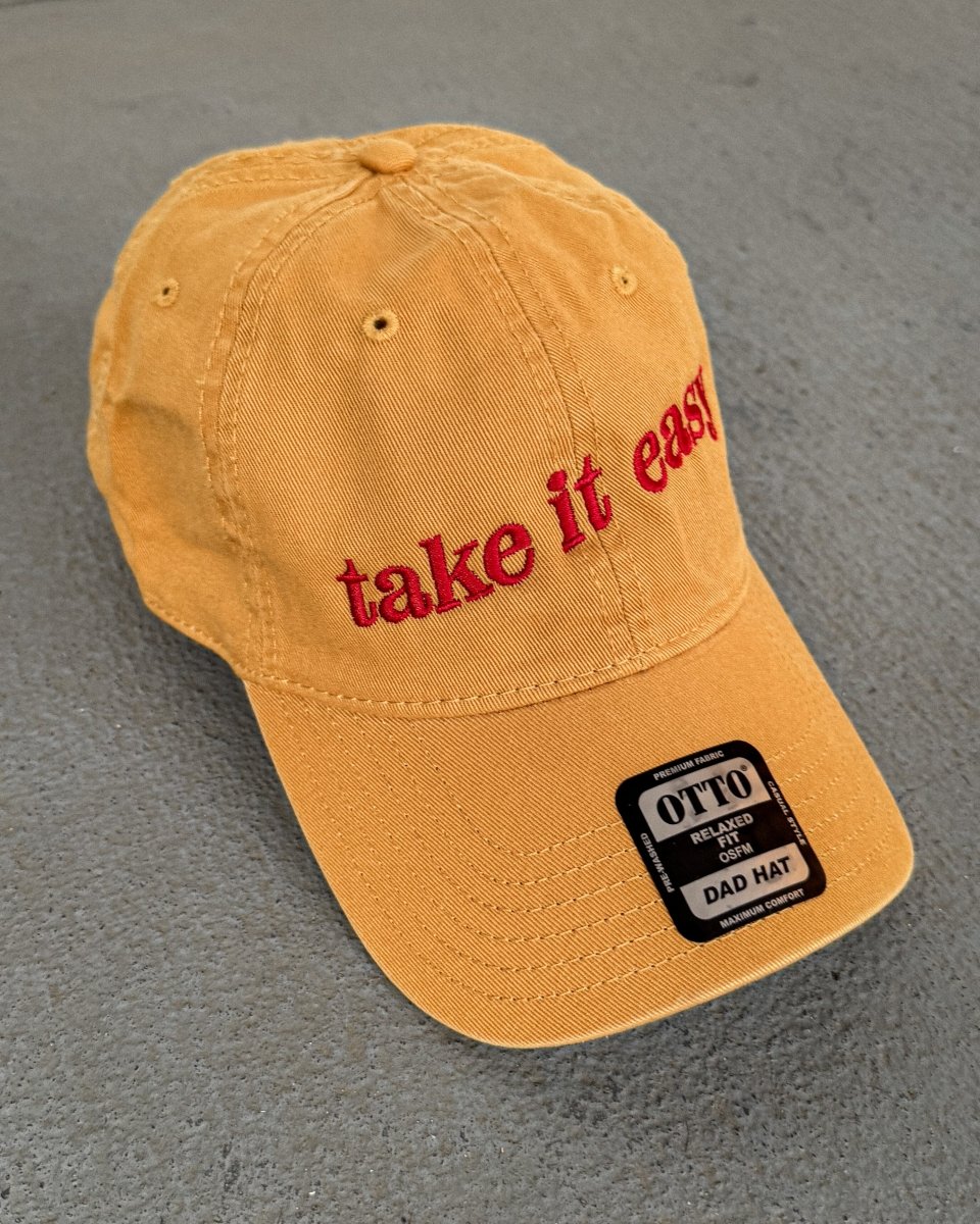 Mustard "Take It Easy" Dad Hat: Classic Hat with Wavy Red Embroidery - The Cap Lovers Club