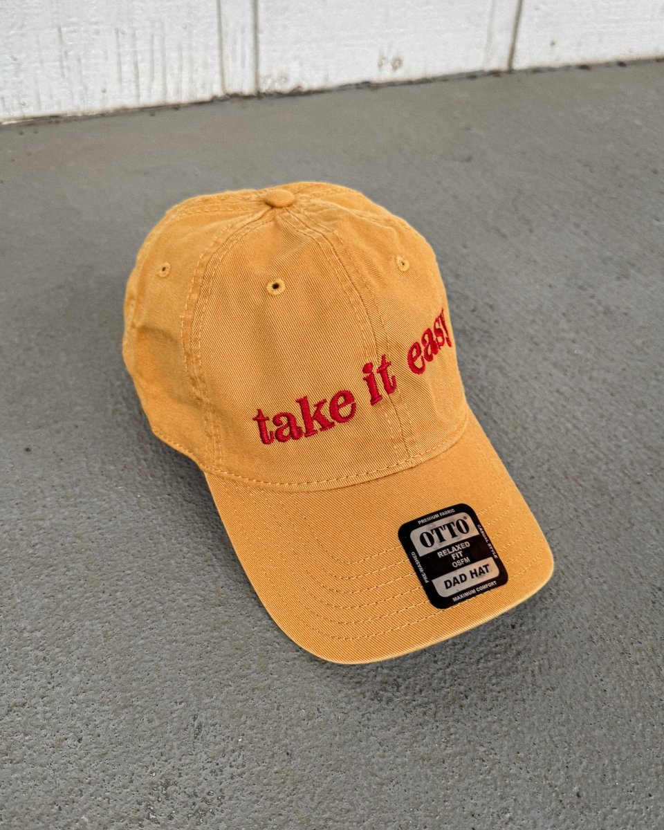 Mustard "Take It Easy" Dad Hat: Classic Hat with Wavy Red Embroidery - The Cap Lovers Club