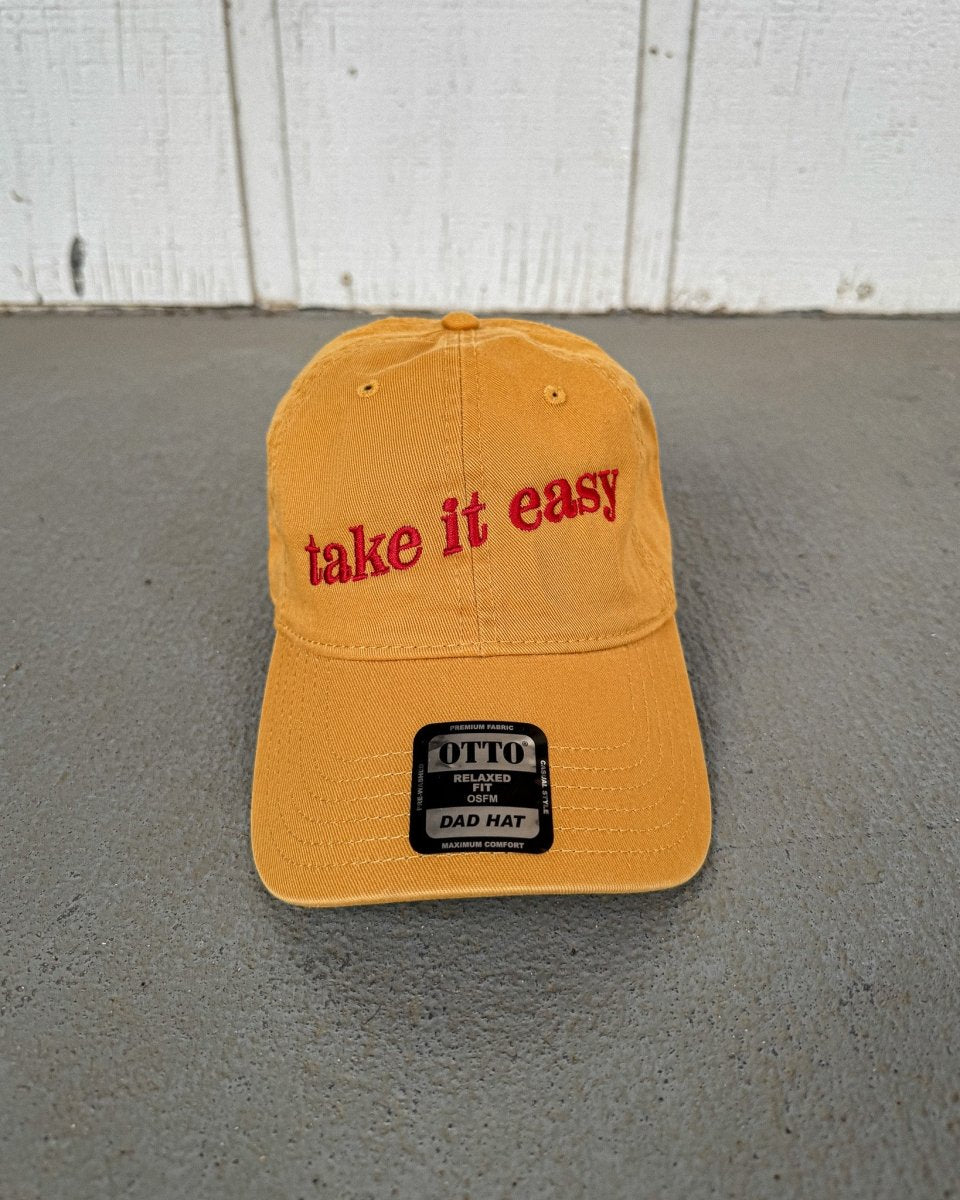 Mustard "Take It Easy" Dad Hat: Classic Hat with Wavy Red Embroidery - The Cap Lovers Club